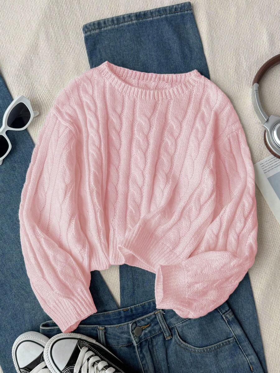 SHEIN Genkimix Kids Tween Girl 1 Piece Round Neck Minimalist Cable Knit Cropped Top For School & Casual Wear, Spring/Fall Cute Sweater - Pink - View 1