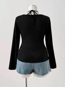 Sunspun 性感蕾丝拼布修身简约长袖T恤 - 黑色 - 查看 2