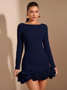 SHEIN BAE 秋冬夏季圣诞服装新年服装新年连衣裙甜美蓬蓬裙红色连衣裙优雅长袖连衣裙 - 藏蓝色 - 查看 3