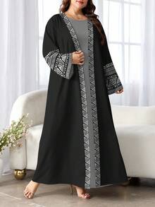 SHEIN Najma 女士优雅几何花卉印花黑色长袖休闲阿拉伯长袍，适合春秋季节 - 彩色 - 查看 4