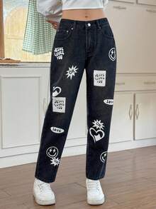 SHEIN EZwear 女式字母和笑脸印花口袋休闲锥形牛仔裤 - 黑色 - 查看 3