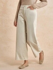 Écloséra 女士前扣口袋休闲牛仔裤，日常穿着 - 卡其色 - 查看 1