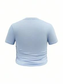 THE BIG BANG THEORY X SHEIN Plus Size Casual Penny Figure Graphic Ruched Side Blue Cropped Top, Summer - Blue - View 2