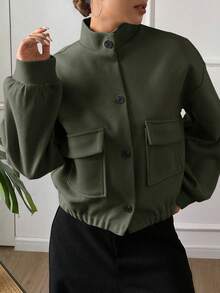 DAZY 女式休闲纯色立领口袋短款夹克，秋季 - 墨綠色 - 查看 5