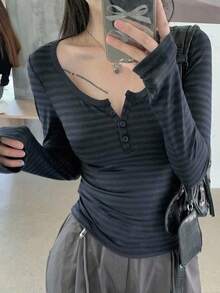 DAZY Women Casual Stripe Fitted Half-Zip Collar Long Sleeve T-Shirt,Fall Clothes