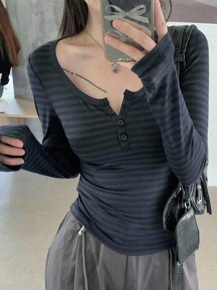 Women Casual Stripe Fitted Half-Zip Collar Long Sleeve T-Shirt,Fall Clothes