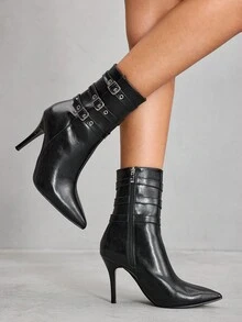 CUCCOO SZL 女士尖头细高跟扣性感优雅时尚中筒靴 - 黑色 - 查看 8