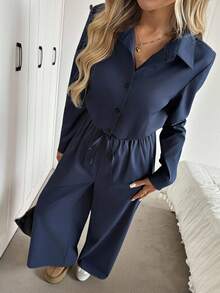 Easowa 女士休闲宽松优雅连体裤，翻领，纽扣，抽绳腰部，长袖，阔腿裤，适合通勤