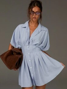Athîral 女式条纹蝙蝠袖收腰褶边休闲衬衫迷你连衣裙 - 彩色 - 查看 4