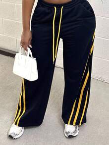 Alexandranx 女士春夏情侣装比赛日外出学院风黄色撞色织带运动裤、狂欢节服装、狂欢节 - 藏蓝色 - 查看 3