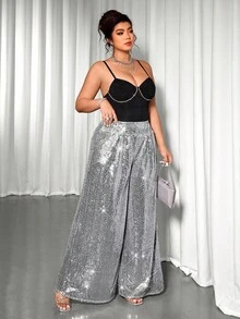 Cravure Plus Size Fashionable Party Sequin Wide Leg Pants - Silver - View 8