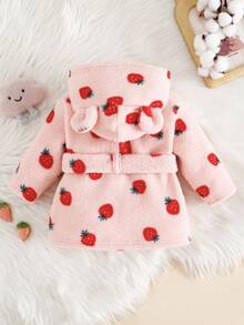 Bata de felpa para recién nacidos, de otoño/invierno, con estampado lindo de fresa con capucha con orejas 3D, manga larga y bata larga para niños y niñas bebés, ropa de dormir para infantes - Rosa - Ver 2