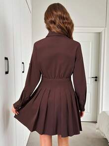 Easowa 净色褶裥下摆衬衫裙 - 咖啡棕 - 查看 2