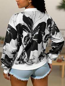 Maweii Plus Size Casual Printed Zip-Up Hoodie Jacket With Ribbing Fall Winter Cloth For Women Autumn - Multicolor - View 2