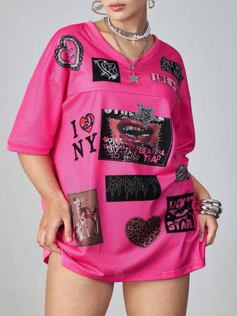 ROMWE Avant قميص تي شيرت بطبعات الشفاه والقلب والعين والحرف والغزال والنمر مقاس كبير، تي شيرت أكمام قصيرة للنساء مقاس كبير، خريف/شتاء