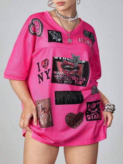 ROMWE Avant Plus Size Avant Y2K Plus Size Lips, Heart, Eye, Letter, Deer & Leopard Print Graphic T-Shirt, Plus Size Short Sleeve Tee For Women, Autumn/Winter