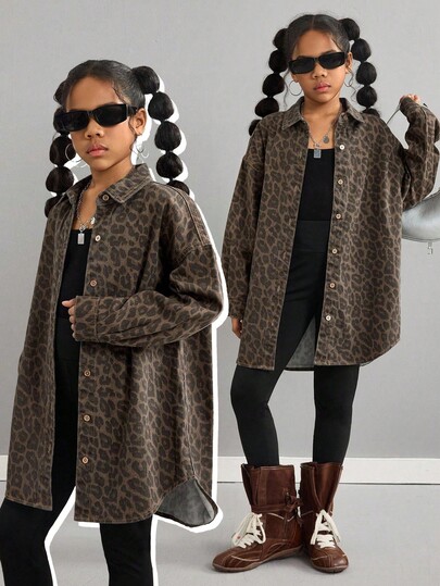 SHEIN Veste longue à manches longues avec col en jean imprimé léopard pour filles plus âgées