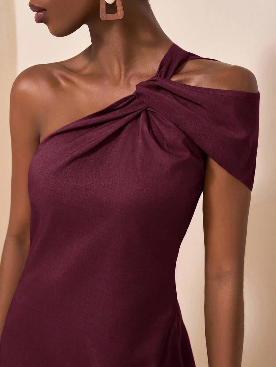 Vestido marrón de mezcla de lino de un solo hombro, elegante, viral, para playa, crucero, vacaciones, fiesta casual diaria, fiesta de cumpleaños, boda, Día de la Madre, festival de música de verano 2025