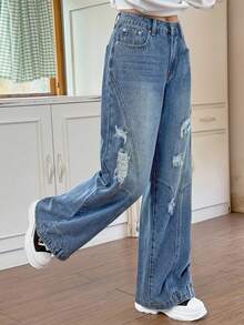 Rivivi Women's Casual Distressed Washed Slant Pocket Wide Leg Jeans, Autumn - Blue - View 3