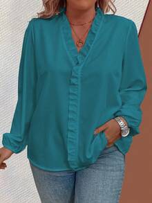 Flouryn Camisa de talla grande con volantes en el bajo, unicolor y casual - Azul Cadete - View 3