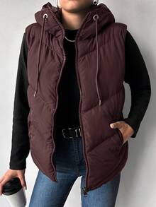 EURMUSE Damen einfarbige Reißverschluss-Vorderteil Kordelzug Kapuzen Lässig Regular Weste Jacke, Winter - Bordeaux - Übersicht 1