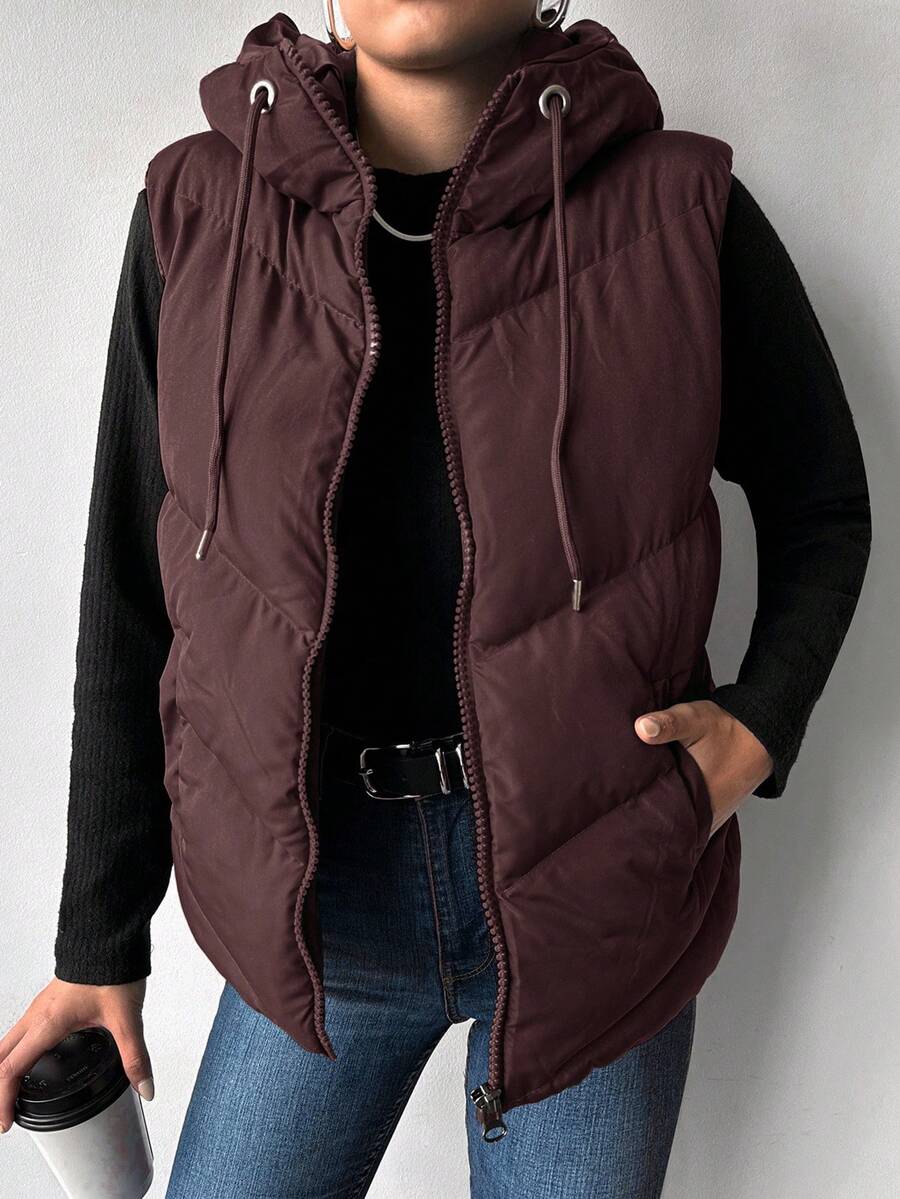 EURMUSE Damen einfarbige Reißverschluss-Vorderteil Kordelzug Kapuzen Lässig Regular Weste Jacke, Winter - Bordeaux - Übersicht 1