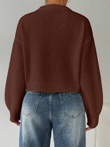 SHEIN LUNE Áo len nữ cổ tròn tay dài màu trắng đơn giản, thoải mái - Cà phê nâu - Xem 3