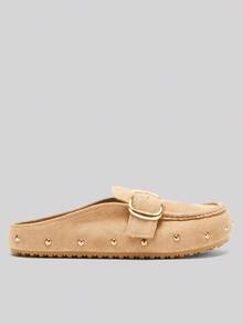 Solezae #QuietLuxury 女士金色铆钉扣米色绒面革一脚蹬穆勒鞋，配有柔软鞋垫和别致的五金配件，适合日常穿着 - 米色 - 查看 5