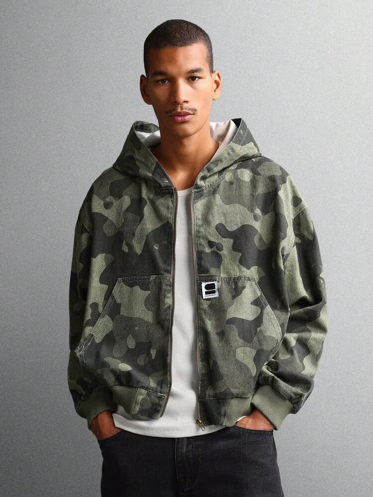 Camouflage Hooded Denim Jacket With Zip Closure