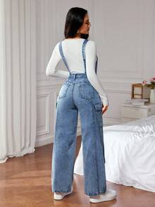 SHEIN PETITE Peto vaquero casual lavado para mujer - Azul - Ver 2