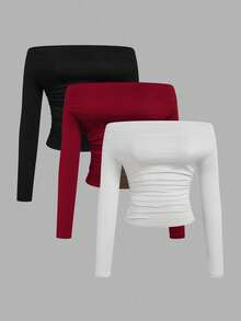 Sweetra Blusa de manga larga con hombros descubiertos y unicolor, ajustada y de estilo casual chic, adecuada para uso diario - Multicolor - Ver 3