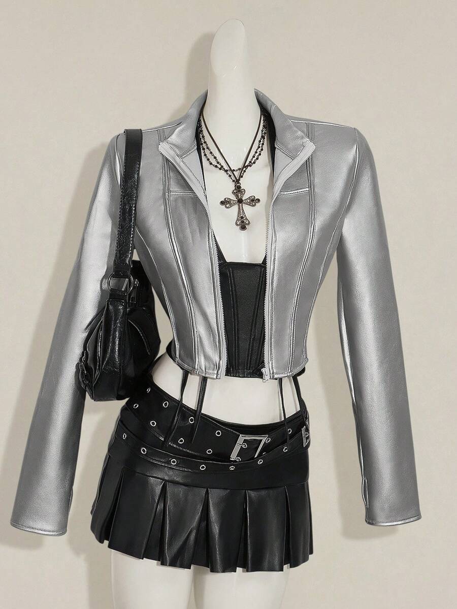 SHEIN ICON 女式银色休闲短款拉链修身 PU 皮夹克，秋季 - 銀色 - 查看 1