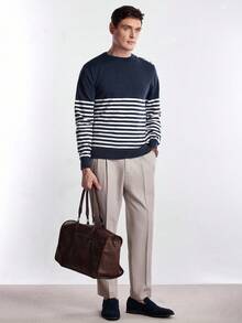 Manfinity CityGents Men's Crew Neck Raglan Long Sleeve Striped Fashionable Versatile Casual Knit Pullover Sweater, For Fall Winter