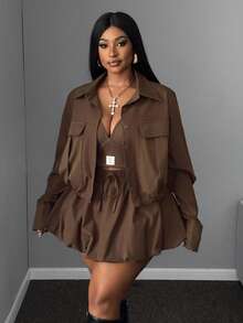 Maweii 2 件大码女士休闲装 - 领夹克和高腰百褶裙套装，适合工作和日常穿着，秋冬季 - 棕色 - 查看 2