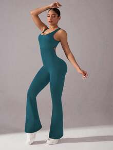 Gameset SHEIN Sport 无缝瑜伽连体裤/性感露背设计/深 V 腰/运动休闲百搭 - 墨綠色 - 查看 5