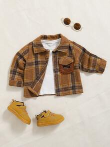 Playful Pals 1pc Baby Boys' Lapel Long Sleeve Plaid Retro Khaki Shirt Jacket,Korean Casual Fleece Thickened Brushed Cotton Teddy Pocket Autumn Airport Outings - Khaki - View 8