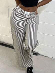 Alexandranx Women's Casual Striped Letter Print Elastic Waist Loose Wide Leg Pants