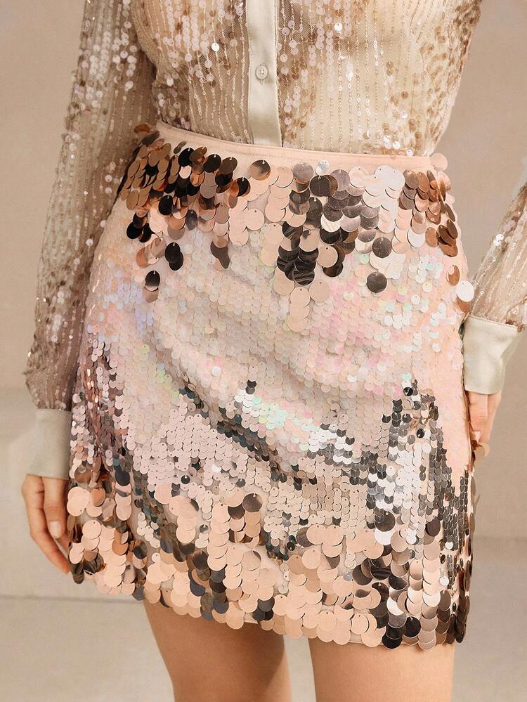 Elegant Champagne Color Sequin Mini Skirt For Women, New Autumn Collection