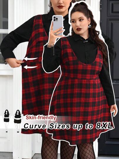 SHEIN CURVE+ Curves Plus Size/Chool Clothes/Back To School Clothes /Back To SchoolPlus Size Pinafore Dress + Bowknot Collar Dress, Back To School, Halloween Plus Size Plaid Dress Plaid Jumper Dress Plus Size A Line Dress Red Plaid Dress Grunge Dress/Autumn /Winter