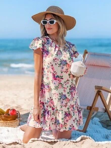 Sylviya Women's Casual Romantic Floral Print Ruffle Hem Short Dress Summer Dresses For Women Summer Dress Dresses For Women Summer Vacation Vacation Dress Boho Women's Clothing Flowy Dress Ruffle Shorts Casual Dress Going Out Dress Fairy Dress,Bohemian Clothes - Multicolor - View 4