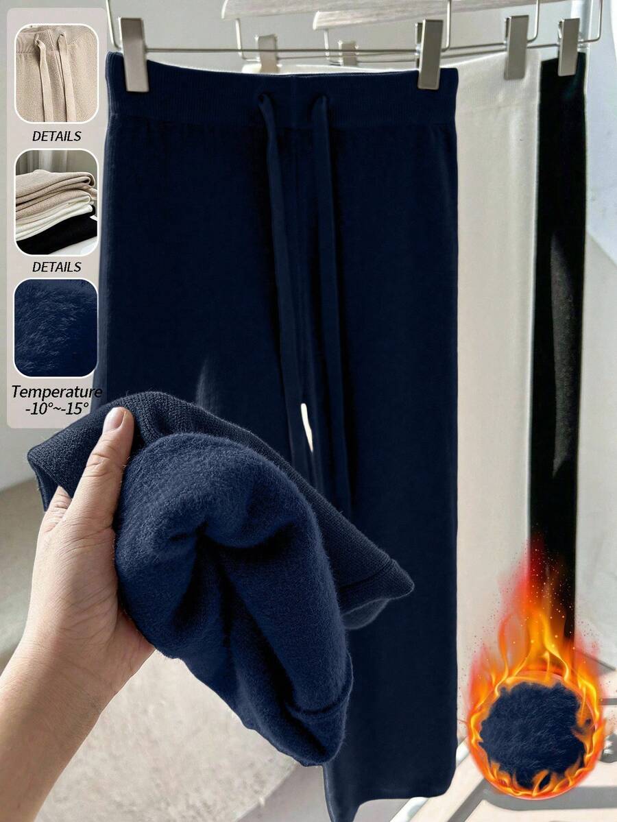 Franclia Quần ống rộng ống đứng lưng cao có dây rút mới dành cho nữ, quần dệt kim dày lót nhiệt - Màu xanh hải quân - Xem 1