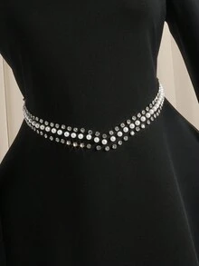 SHEIN Clasi 大码女式派对针织长袖方领串珠水钻装饰短款连衣裙 - 黑色 - 查看 8