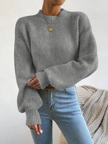 EMERY ROSE Women's Dark Grey Round Neck Raglan Lantern Sleeve Wool Blend Pullover Sweater - Dark Grey - View 4