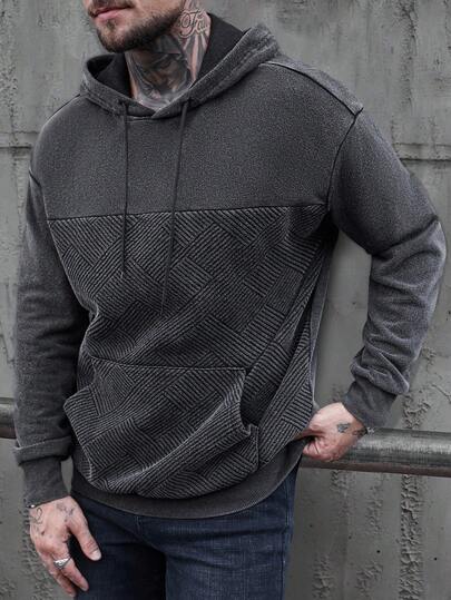 Manfinity CasualCool Men's Patchwork Texture Washed Hoodie Manfinity Casual Cool Men's Casual Daily Wear, Especially A High-End Niche Black Retro Washed Cotton Geometric Knitted Texture Jacquard Fabric Splicing Loose Shoulder Hooded Sweatshirt, For Fall