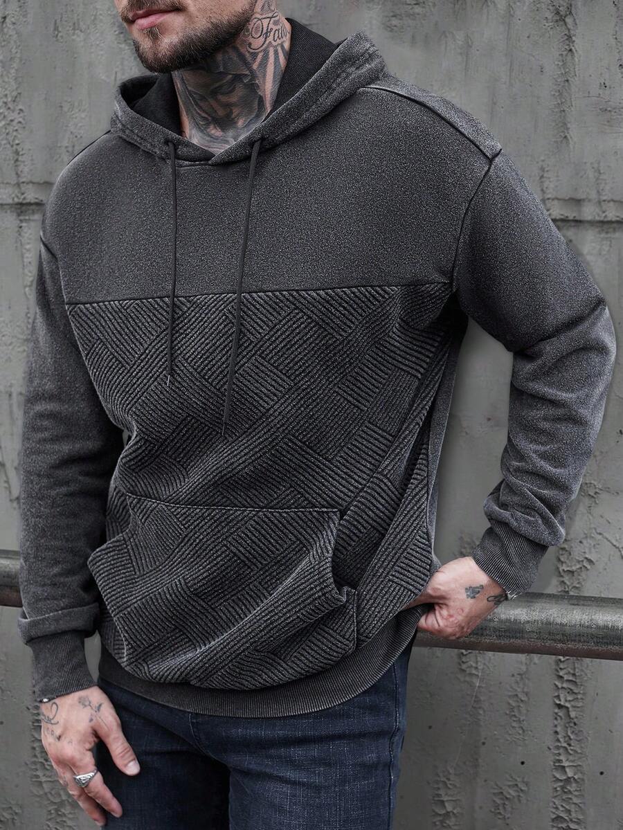 Manfinity CasualCool 男士拼布纹理水洗连帽衫 Manfinity 休闲酷炫男士休闲日常穿着，特别高端的小众黑色复古水洗棉几何针织纹理提花面料拼接宽松落肩连帽卫衣，适合秋季 - 黑色 - 查看 1