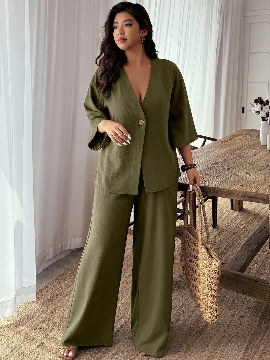 EMERY ROSE Plus Size Women's Solid Color Single-Button 3/4 Sleeve Top And Pants Casual 2-Piece Set