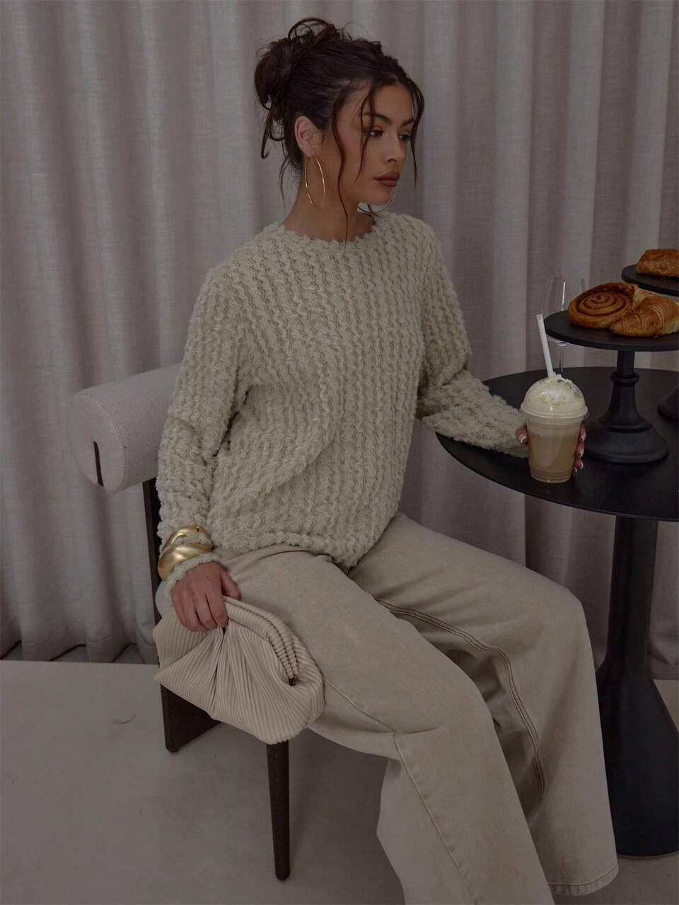 Luźny sweter z okrągłym dekoltem, puszysty, dzianinowy, z długim rękawem, streetwear, uroczy, elegancki, swobodny, seksowny, na wyjście, jesień, toffi, elegancki, wiosna, lato, wakacje