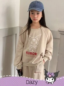 DAZY HELLO KITTY AND FRIENDS | SHEIN 少女圆领针织长袖抓绒卫衣及半裙两件套，秋冬款 - 卡其色 - 查看 4