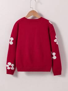 Sparklyn Áo len đỏ thời trang cho bé gái tuổi teen, Áo chui đầu dệt kim jacquard họa tiết hoa hướng dương màu hồng, Áo len cổ tròn tay dài họa tiết hoa, Áo len ôm dáng mặc hàng ngày, Thích hợp cho Giáng sinh, Thu/Đông - Màu Đỏ Sâu - Xem 2