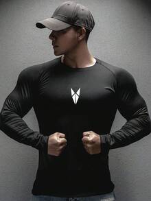 Gym Rark Men's Slim Fit Geometric Print Long Sleeve Athletic T-Shirt Spandex Shirts Men Compression Tops Compression Long Sleeve Men Compression Shirts Compression Top Compression Shirt Men - Black - View 3